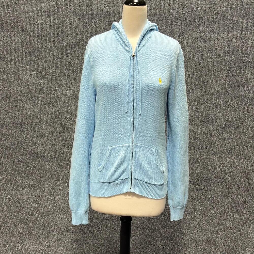 Ralph Lauren Sport Sweater Womens XL Blue Hooded Full Zip Knit Logo Pockets